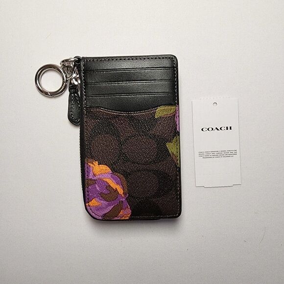 NWT Coach CL667 Multifunction Card Case Signature Canvas Iris Rose Print - Picture 2 of 4